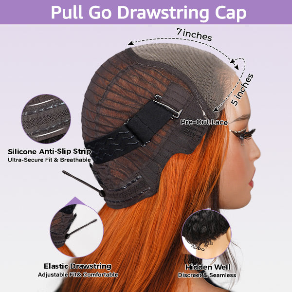 OQ HAIR Layered Straight Orange Highlight Brown Natural Blend Color Pre-cut 7x5 Lace Wear Go Glueless Wig With Adjustable Drawsting