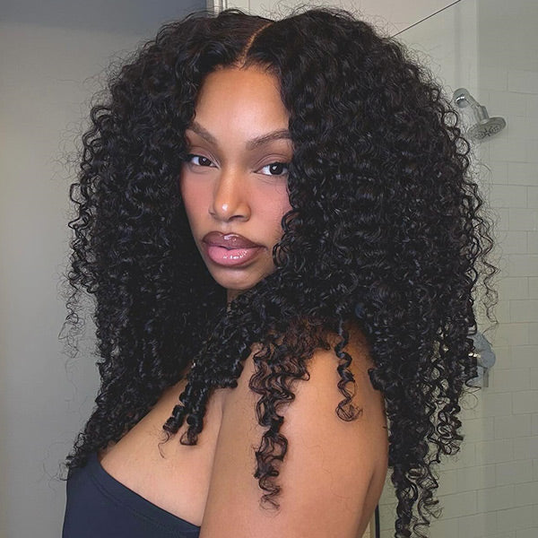 Burmese Curly Glueless Wig Natural Look No Leave Out Easy Install V Part Wig With Elastic Drawstring