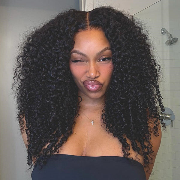 Burmese Curly Glueless Wig Natural Look No Leave Out Easy Install V Part Wig With Elastic Drawstring