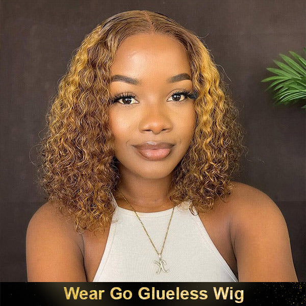 OQHAIR Wear Go Glueless Wigs Pre Cut HD Lace 4/27 Highlight Color Water Wave Hair Short Bob Wigs