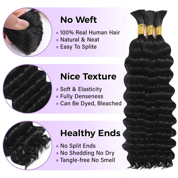 Unprocessed Deep Wave Bulk Human Hair Natural Color No Weft Boho Hair For Braiding 1/3/5 Packs