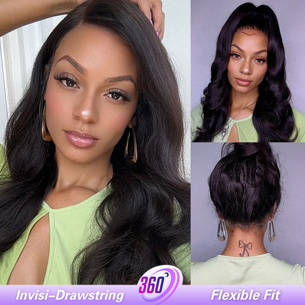 OQ Hair Body Wave Invisi Drawstring 360 Glueless Wig Flexible Fit Bleached Knots Wig Pre-Cut Lace