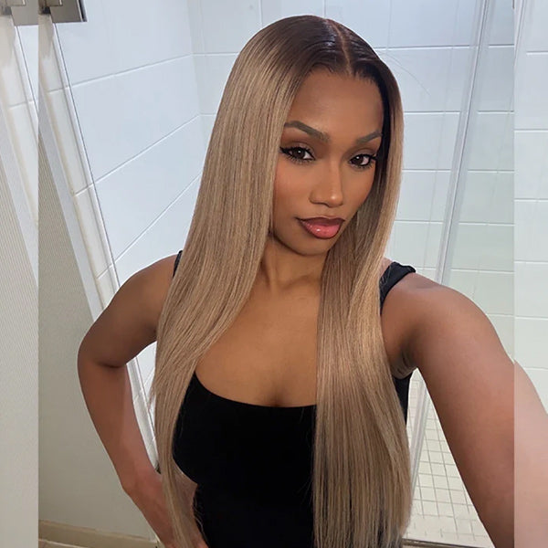OQ Hair Straight Glueless Ombre Ash Blonde With Brown Roots 7x5 Lace Closure Wig Colored Lace Front Wigs 220% Denisty
