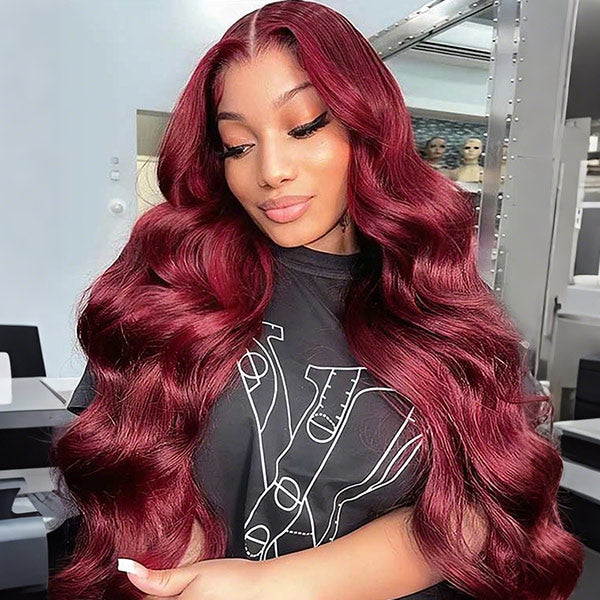 Pre-cut Lace Wig Body Wave Hair 99J Burgundy Color Wear Go Glueless Wig 7x5 Lace Wig Preplucked with Natural Hairline