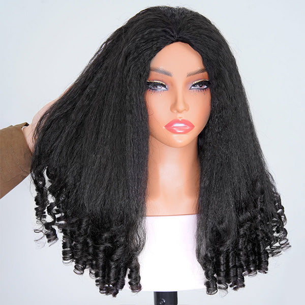 3 In 1 Half Wig | Glueless Kinky Straight Burmese Curl Elastic Drawstring Wear Go Half Wig With Yaki Spiral Curls