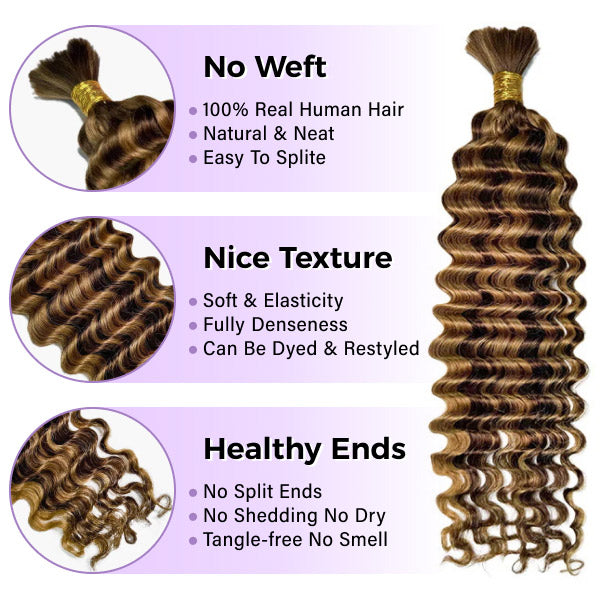 Deep Wave Highlight Ombre Color Bulk Human Hair Knotless Boho Braids Virgin No Weft Extensions 1/3/5 Packs