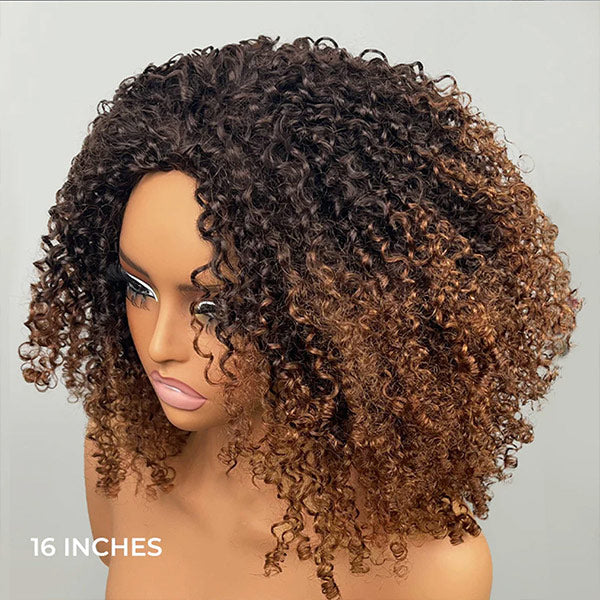 3 In 1 Half Wig | Afro Kinky Curly Glueless Ombre Brown Wig With Black Roots Natural Blend Wear Go Half Wig With Drawstring