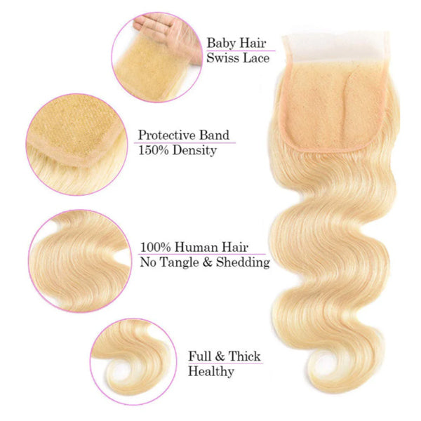 Body Wave 613 Blonde Color Bundles with 4x4 Lace Closure Human Virgin Hair