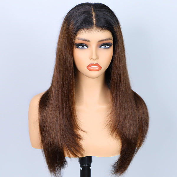 OQ HAIR Yaki Straight Layered Cut Black to Chestnut Brown Ombre 7x5 Pre-Cut Lace Wear Go Glueless Wigs