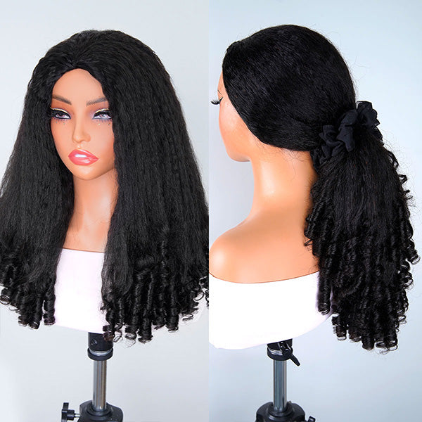 3 In 1 Half Wig | Glueless Kinky Straight Burmese Curl Elastic Drawstring Wear Go Half Wig With Yaki Spiral Curls