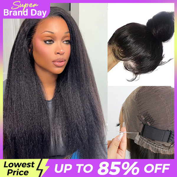 OQ HAIR Kinky Straight Invisi-Drawstring Flexible Fit 360 Lace Front Glueless Wig With Bleached Knots