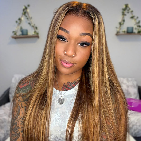 OQ HAIR Soft Natural Highlight Brown 4/27 Straight Skin Melted 7x5 HD Lace Long Length Wear Go Wig