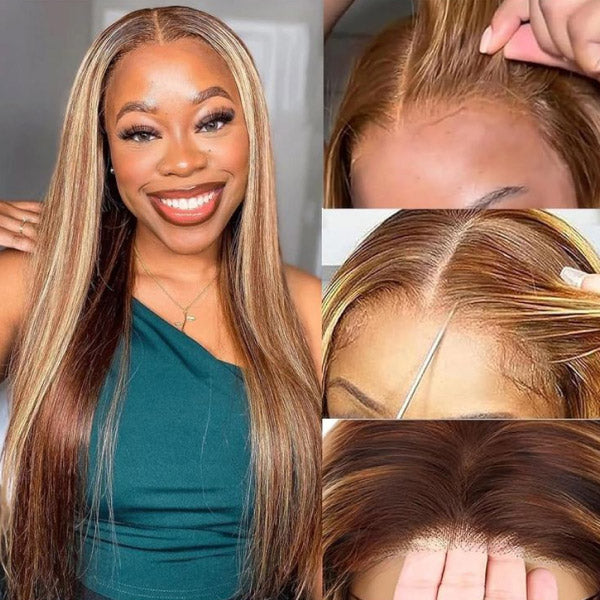 OQ HAIR Soft Natural Highlight Brown 4/27 Straight Skin Melted 7x5 HD Lace Long Length Wear Go Wig