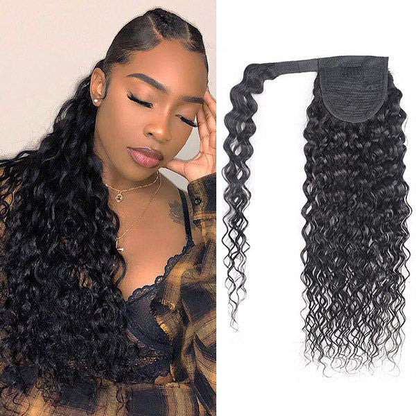 Deep Wave Ponytail With Clip In 100% Human Hair Wrap-around Magic Velcro Ponytail Extension Quality Hair