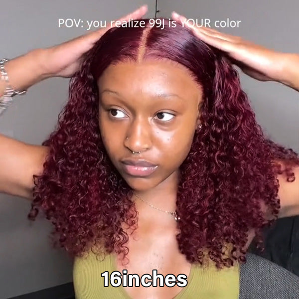 99J Burgundy Color Kinky Curly Human Virgin Hair Undectedable 13x4 4X4 Lace Front Wigs -OQHAIR