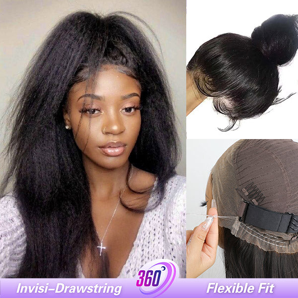 OQ Hair Kinky Straight Invisi-Drawstring Flexible Fit 360 Lace Front Glueless Wig With Bleached Knots