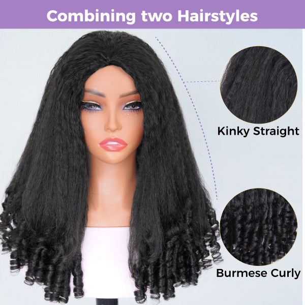 3 In 1 Half Wig | Glueless Kinky Straight Burmese Curl Elastic Drawstring Wear Go Half Wig With Yaki Spiral Curls