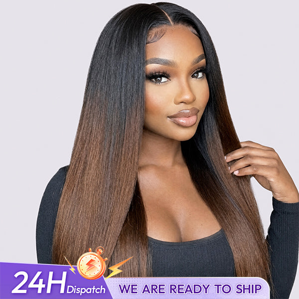 24h Shipping | Glueless Yaki Straight Chestnut Brown Ombre Color Drawstring Cap V Part Wig Easy Install