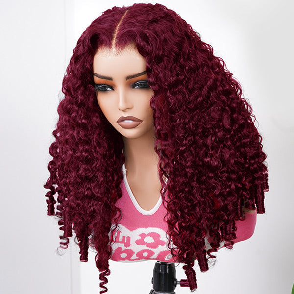 OQ HAIR Burgundy 99J Color Burmese Curly Glueless Wig Pre Cut 9x6 Lace Snug Fit Drawstring Wear Go Wig