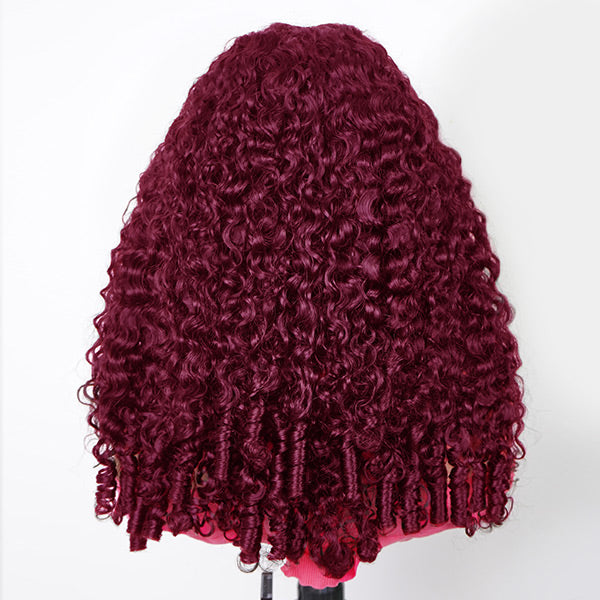 OQ HAIR Burgundy 99J Color Burmese Curly Glueless Wig Pre Cut 9x6 Lace Snug Fit Drawstring Wear Go Wig