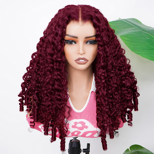 OQ HAIR Burgundy 99J Color Burmese Curly Glueless Wig Pre Cut 9x6 Lace Snug Fit Drawstring Wear Go Wig