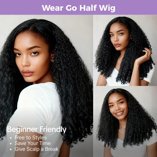 3 In 1 Half Wig | Glueless Kinky Straight Burmese Curl Elastic Drawstring Wear Go Half Wig With Yaki Spiral Curls