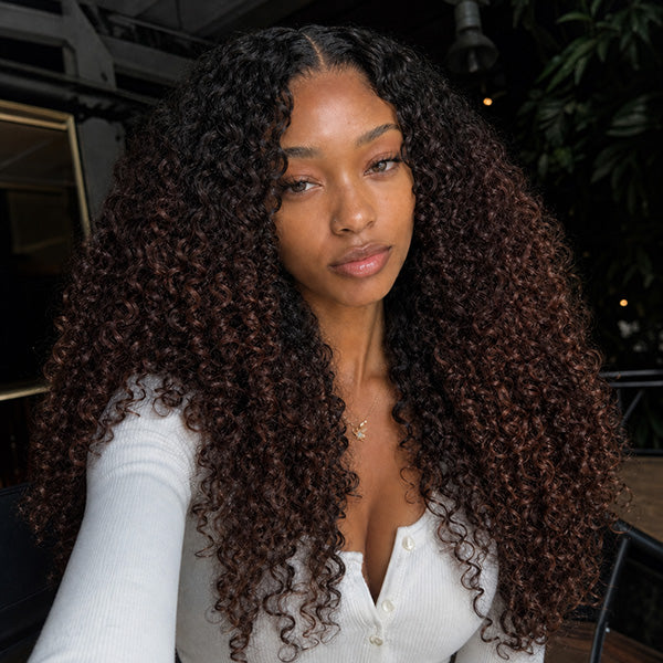 OQ HAIR Pixie Curly 1B/Reddish Brown Ombre Color Drawstring Wig Perfect Melted 9x6 Skin HD Lace Glueless Wear Go Wig Bleached Knots