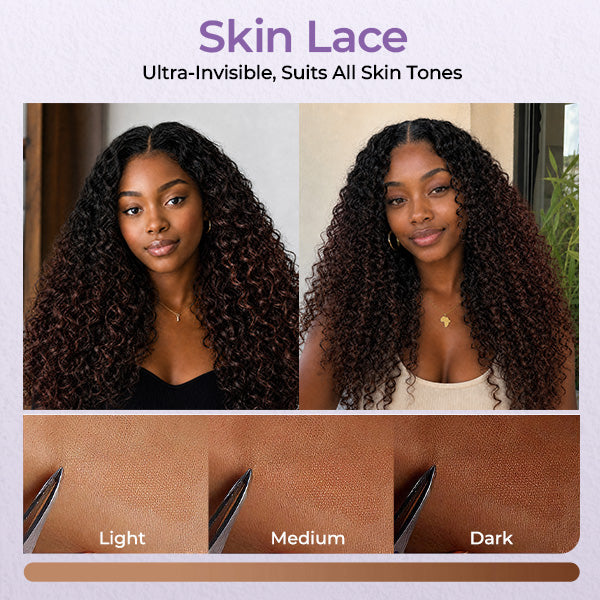 OQ HAIR Pixie Curly 1B/Reddish Brown Ombre Color Drawstring Wig Perfect Melted 9x6 Skin HD Lace Glueless Wear Go Wig Bleached Knots