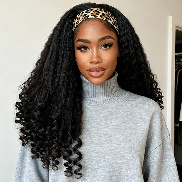 OQ HAIR Kinky Straight Burmese Curly Headband Wig Glueless Install Human Hair Wig