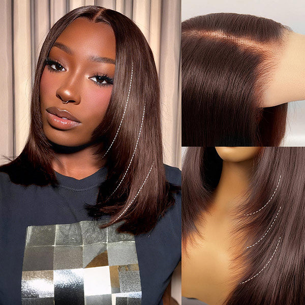 OQ HAIR Chocolate Brown Color Glueless Layered Cut Yaki Straight Pre-Cut 7x5 Wear Go Wig With Drawstring Cap
