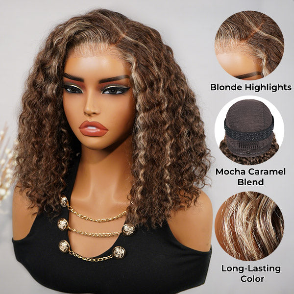 OQ HAIR Water Wave Bob Wig Blonde Highlight Chocolate Brown Pre-cut 7x5 Lace Snug Fit Wear Go Glueless Wig