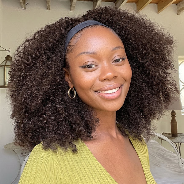 OQ HAIR Afro Curly Headband Wig No Gel No Glue Human Hair Glueless Wig With Scarf