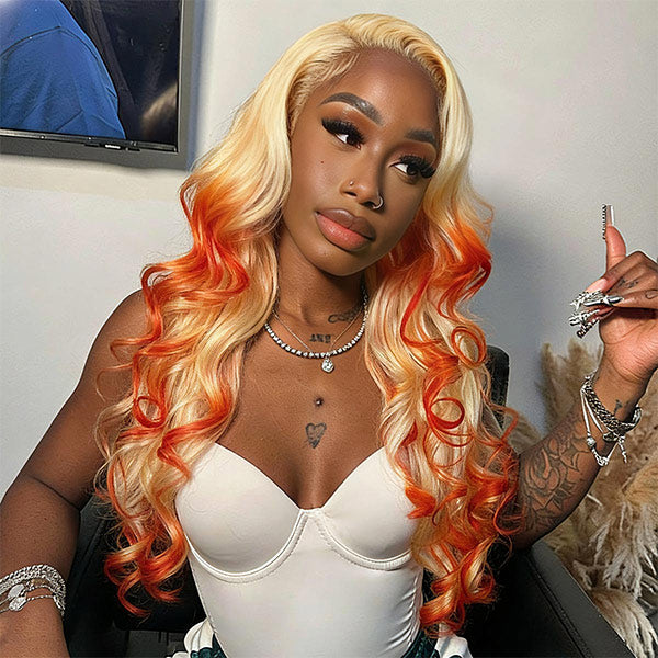 24h Ship Out | OQ HAIR Butterfly Cut 613 Blonde & Orange Mixed Color Pre-Styled Layered Body Wave Glueless Wig Pre-cut 7x5 Lace Wear Go Wig