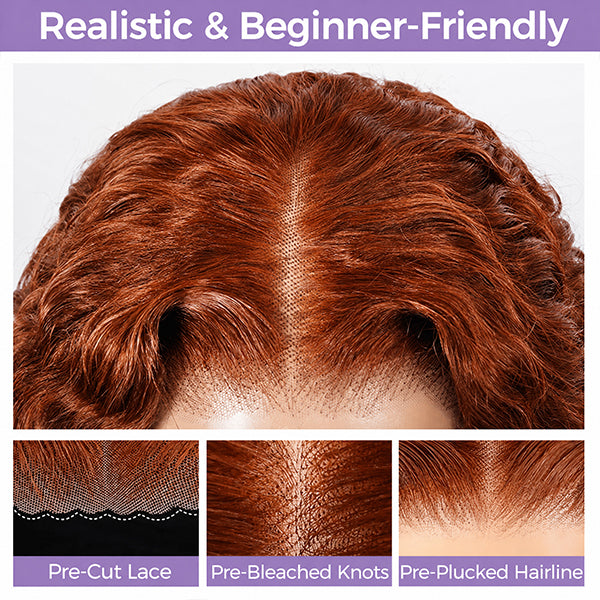 Burmese Curly Burnt Orange Color Wear Go Wig Pre Cut Lace Drawstring Wig Snug Fit Glueless Wig