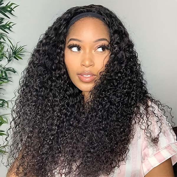 Kinky Curly Headband Wig Human Hair Scarf Wig No Gel No Glue Jerry Curl Hair Wig with Headband 180% Density