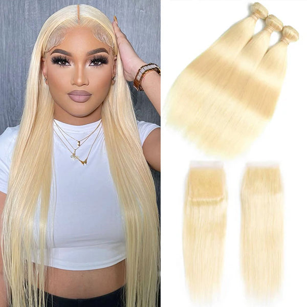 Straight 613 Blonde Color Bundles with 4x4 Lace Closure Human Virgin Hair