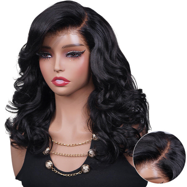 OQ HAIR Pre Styled C Part Layered Body Wave Snug Fit Drawstring Wear Go Glueless Wig Pre-Cut 9x6 Lace Bleached Knots