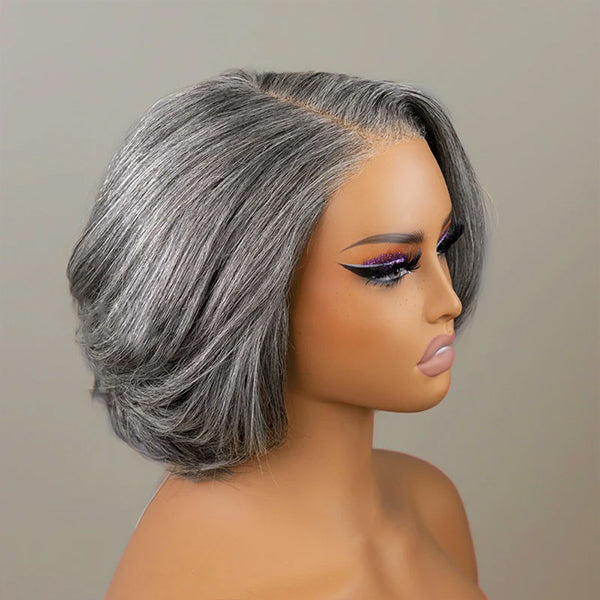 OQ HAIR Salt And Pepper Layered Bob Wear Go Glueless Wig Pre-Cut C-Shaped 7x5 Lace Flexible Fit Drawstring