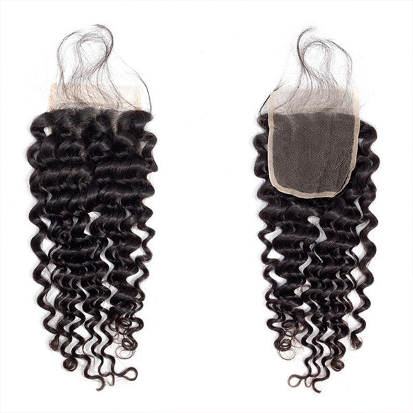 Deep Wave Human Hair 4 Bundles with 4*4 Lace Clsoure Natural Black