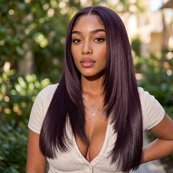 Dark Plum Color Pre Layered Straight Glueless Wear Go Human Hair Wig Beginner Friendly Pre Cut Lace