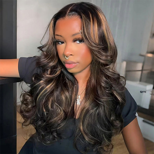 24h Ship Out | OQ HAIR Butterfly Pre-Styled Balayage Brown Color Layered Body Wave Adjustable Drawstring Wear Go Glueless Wig With Bleached Knots