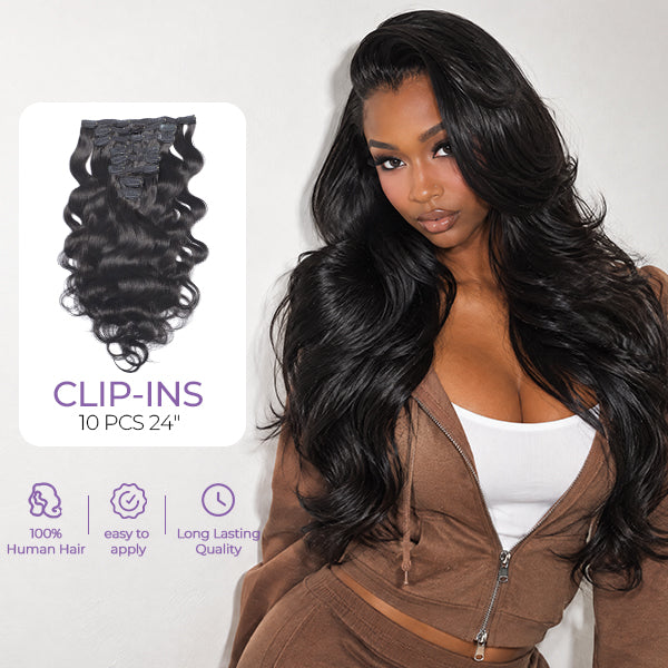 OQ HAIR Body Wave Natural Black Seamless Blend Remy Clip In Hair Extensions