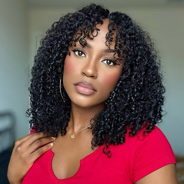 Burmese Curly Glueless Wig Natural Look No Leave Out Easy Install V Part Wig With Elastic Drawstring