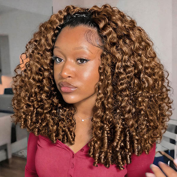 OQ HAIR Ombre Brown Color Burmese Curly Half Wig Human Hair 280 Density Glueless Wear and Go Wigs 3 In 1 Half Wigs for Women Drawstring Seamless Flip Over Beginner Friendly