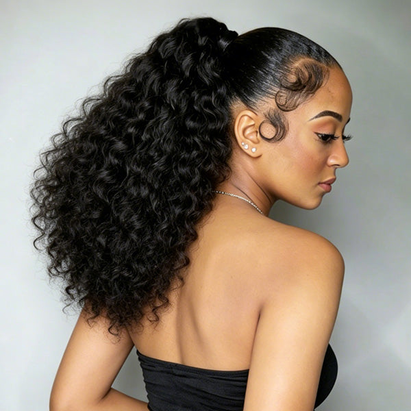 Deep Wave Ponytail With Clip In 100% Human Hair Wrap-around With Drawstring Ponytail Extension Quality Hair