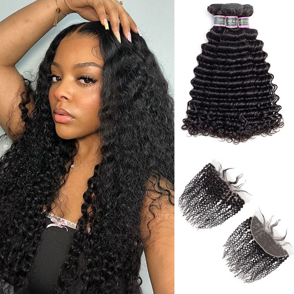 Deep Wave Human Hair 3 Bundles with 13*4 Lace Frontal Natural Black