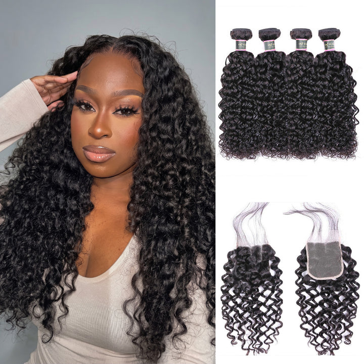 Water Wave Human Hair 4 Bundles with 4*4 Lace Clsoure Natural Black