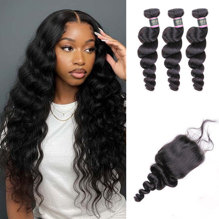 Loose Wave Virgin Human Hair 3 Bundles With 4x4 Lace Closure