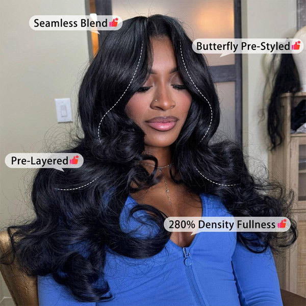 OQ HAIR Pre-Styled Butterfly Cut Layered Body Wave Glueless U Part Wig Elastic Drawstring Wear Go Wig Full 280% Density