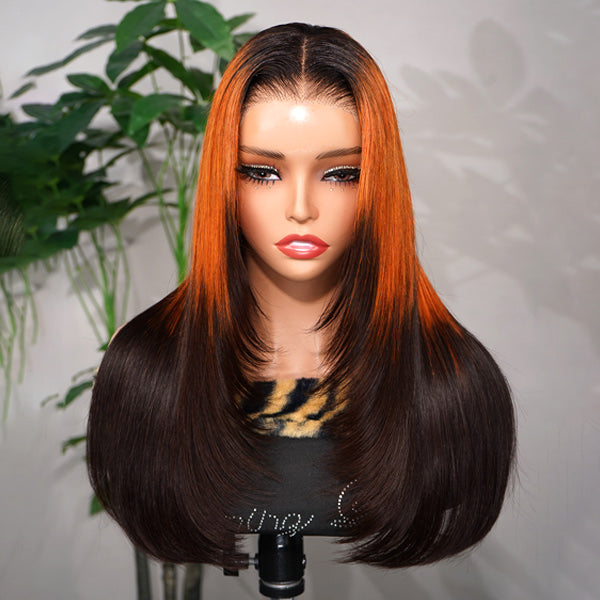 OQ HAIR Layered Straight Orange Highlight Brown Natural Blend Color Pre-cut 7x5 Lace Wear Go Glueless Wig With Adjustable Drawsting
